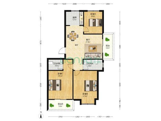 新桥嘉苑 3室1厅2卫 129平方