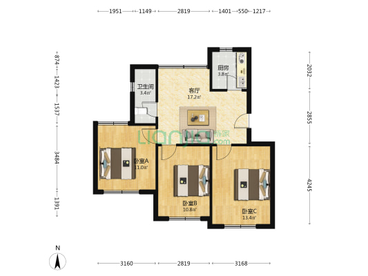 骝马山北巷 3室1厅1卫 72平方