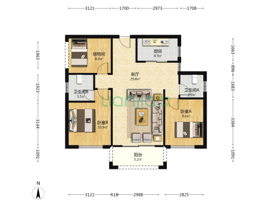 云开一品樾玺 2室1厅2卫 95平方