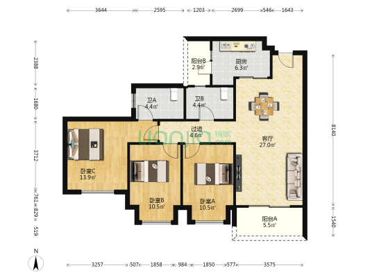 十里长江澜庭北区 3室1厅2卫 110平方