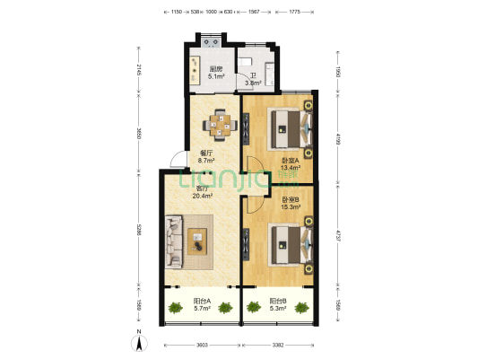 上海北路师专宿舍 2室2厅1卫 94平方