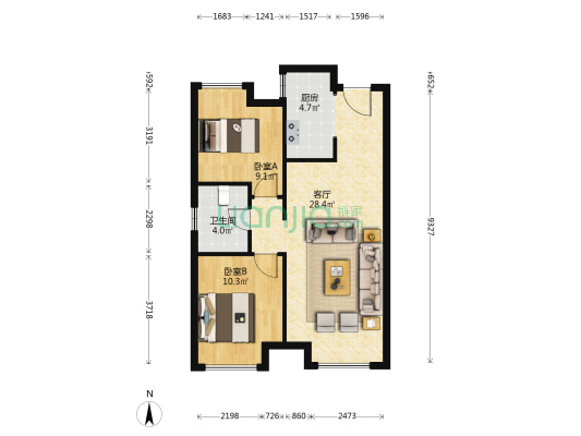 旭辉江山如院 2室1厅1卫 80平方