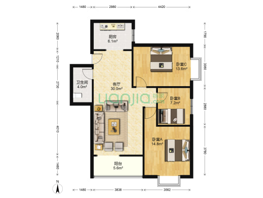 君怡家园 3室1厅1卫 116平方