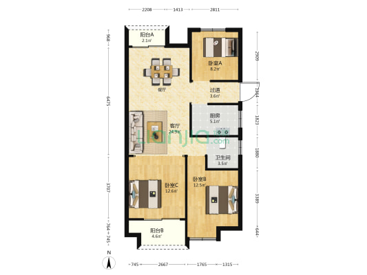 湖景花苑 3室1厅1卫 105平方