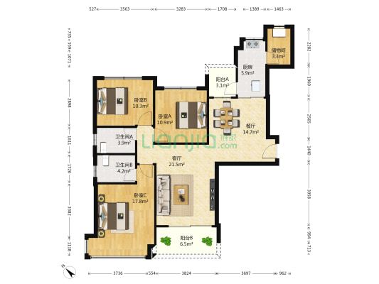 恒大城 3室2厅2卫 142平方