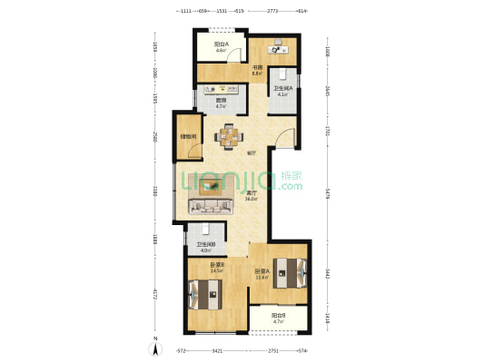 龙湖春江天玺 3室1厅2卫 122平方