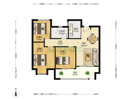 中南熙悦(如皋市) 3室1厅1卫 97平方