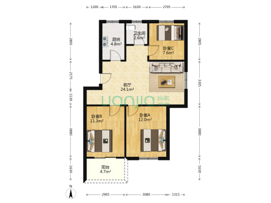 凤霞苑 3室1厅1卫 80平方