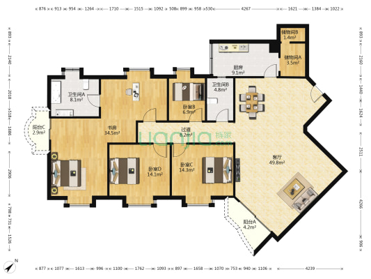 鸿业苑一期 4室1厅2卫 196平方