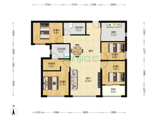 中骏天禧 4室1厅2卫 135平方