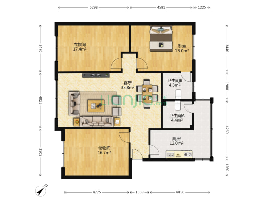 福泽苑 1室1厅2卫 119平方