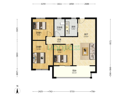 飞龙上观城 3室1厅1卫 111平方