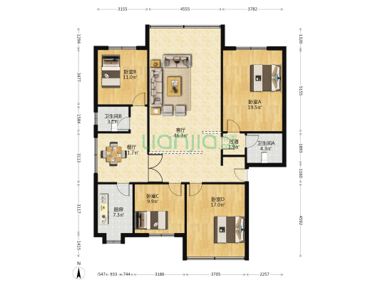 羊角山小区 4室2厅2卫 165平方