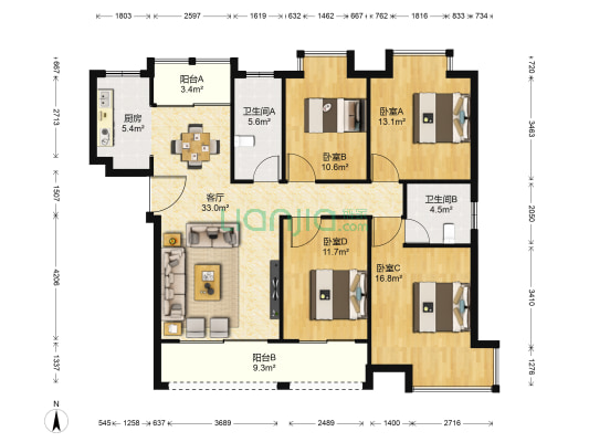 恒生碧水龙庭 4室1厅2卫 142平方