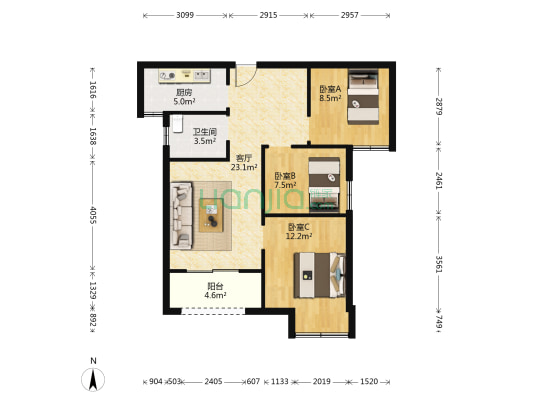 谦祥万华城华府 3室1厅1卫 89平方