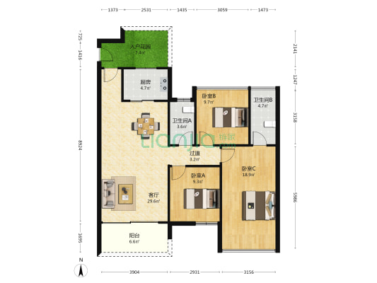 城投·首筑花园 3室1厅2卫 121平方