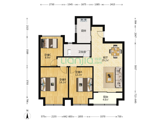 建发泱著 3室1厅1卫 105平方