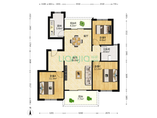 保利瑶湖郡 3室1厅1卫 110平方