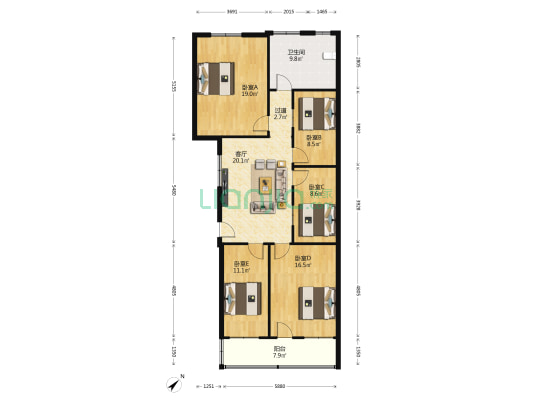 华达大厦 5室1厅1卫 120平方