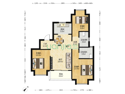 实地昆明花鹤翎 3室1厅2卫 99平方