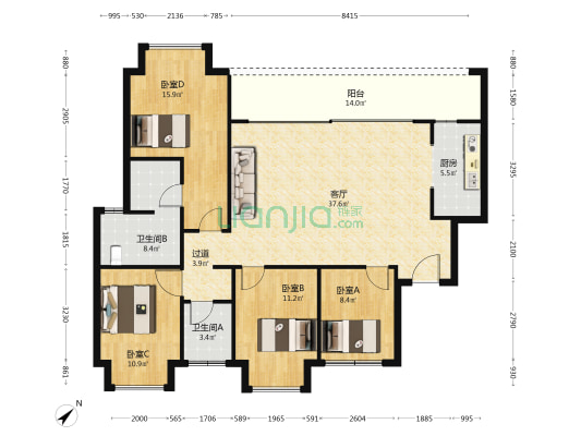 云山长麓 4室1厅2卫 137平方