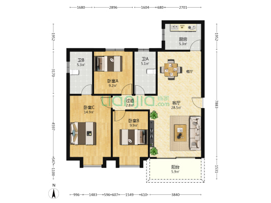 唐家花园 3室1厅2卫 98平方