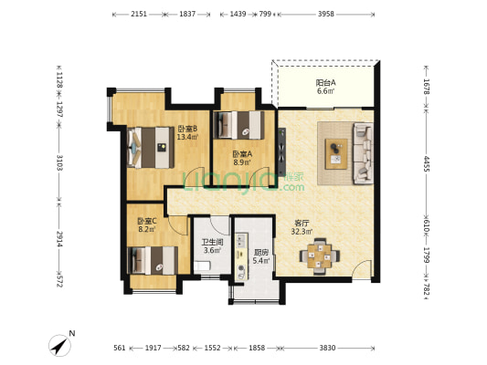 京华奥园B区 3室1厅1卫 92平方