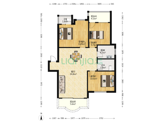 群山花苑 3室1厅2卫 105平方