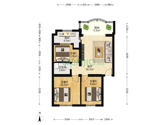 华创公寓 3室1厅1卫 72平方