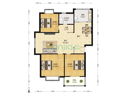 金耀绿城 3室1厅1卫 117平方