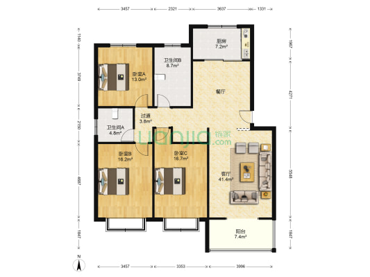 风华南苑 3室1厅2卫 140平方