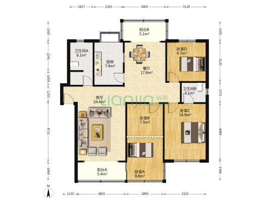 航天大院 4室2厅2卫 130平方