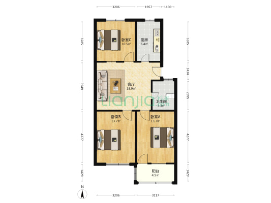 张北梦实小区 3室1厅1卫 85平方