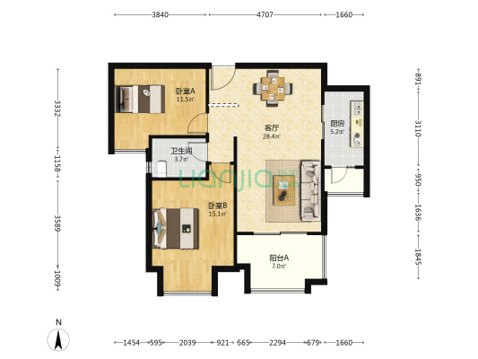 中建溪岸观邸北区 2室1厅1卫 91平方