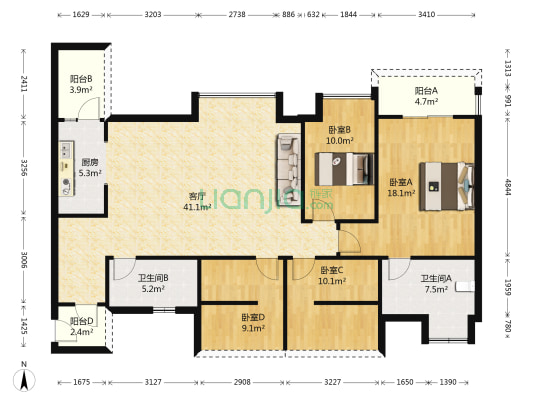 华汇天地 4室1厅2卫 130平方