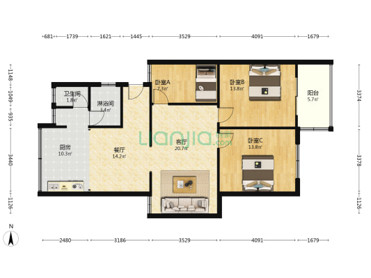 阳光花苑(射阳县) 3室2厅2卫 116平方