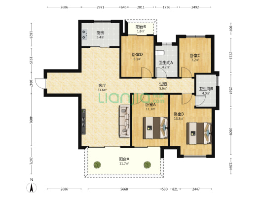宝龙世家F区 4室1厅2卫 135平方