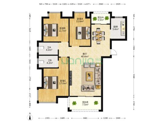 青岚苑 3室1厅2卫 132平方