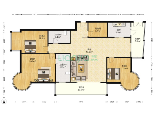 地矿大厦 3室1厅2卫 206平方