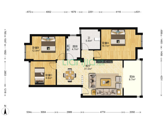 力创嘉园 3室1厅1卫 92平方