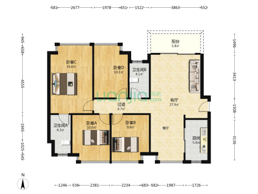虎门滨海城 4室1厅2卫 116平方