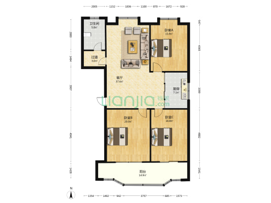 科技中心小区 3室1厅1卫 148平方