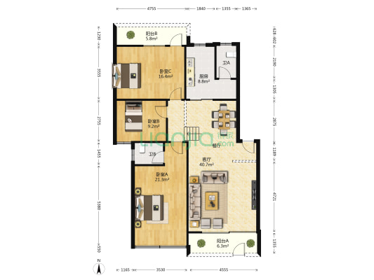 话剧团宿舍 3室1厅2卫 125平方