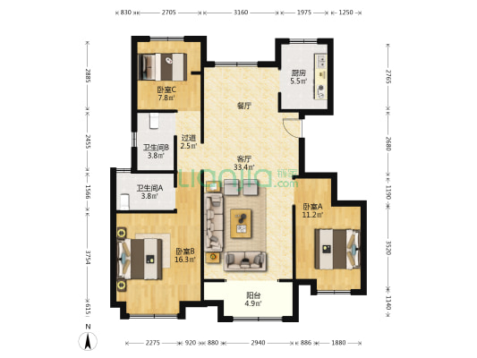 津侨国际小镇 3室1厅2卫 115平方