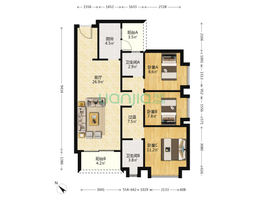 龙湖景粼天著好城时光 3室1厅2卫 95平方