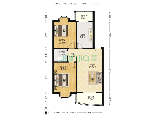 阳光小区北区 2室1厅1卫 90平方