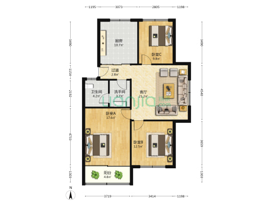 荣达名园南区 3室1厅2卫 107平方