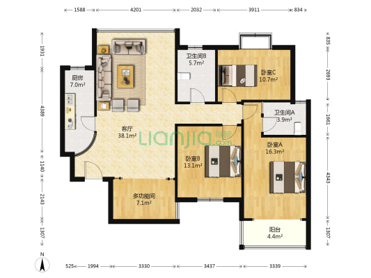 北美晶域蓝湾北区 4室1厅2卫 145平方