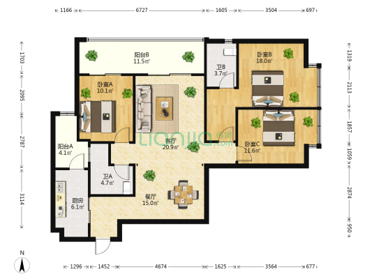 海伦堡中央广场 3室2厅2卫 124平方