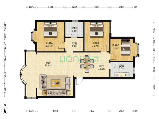 苏苑小区 3室2厅1卫 114平方
